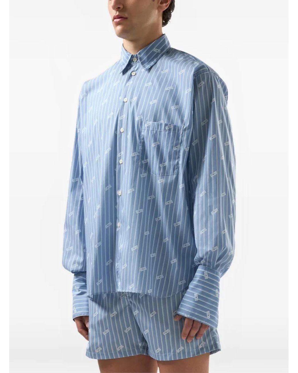 Gcds Blue Pinstripe Logo-Pattern Shirt for men