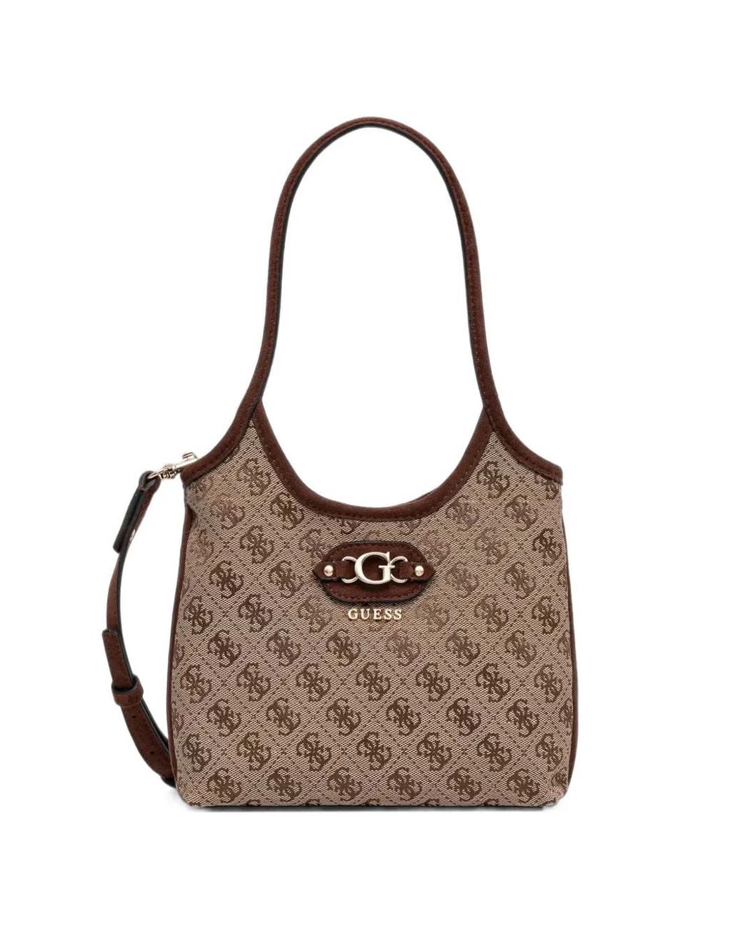 Guess Brown Mini Samantha Monogram-Print Logo-Plaque Tote Bag
