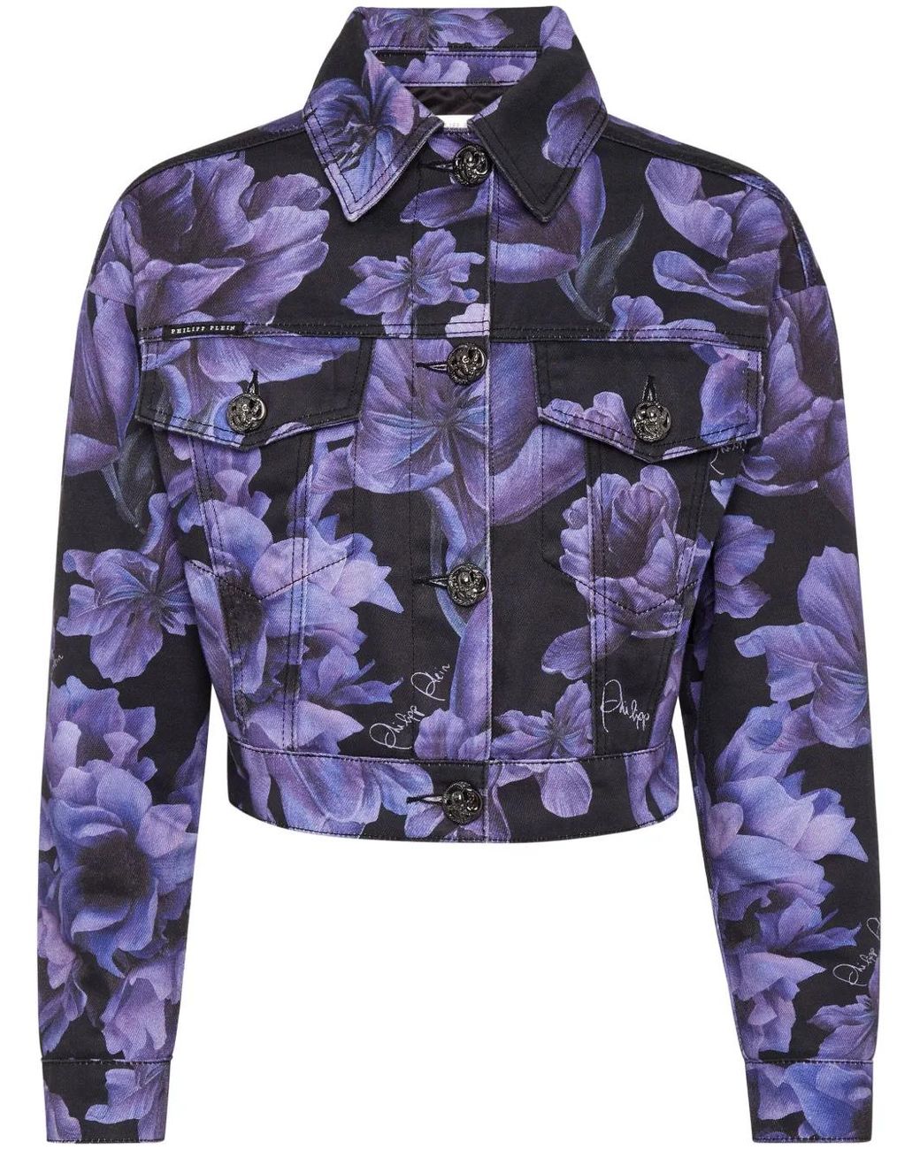 Philipp Plein Blue Floral-Print Cropped Denim Jacket