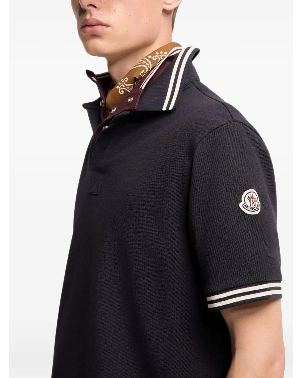 Moncler Blue Logo-Embroidered Striped-Trim Polo Shirt for men