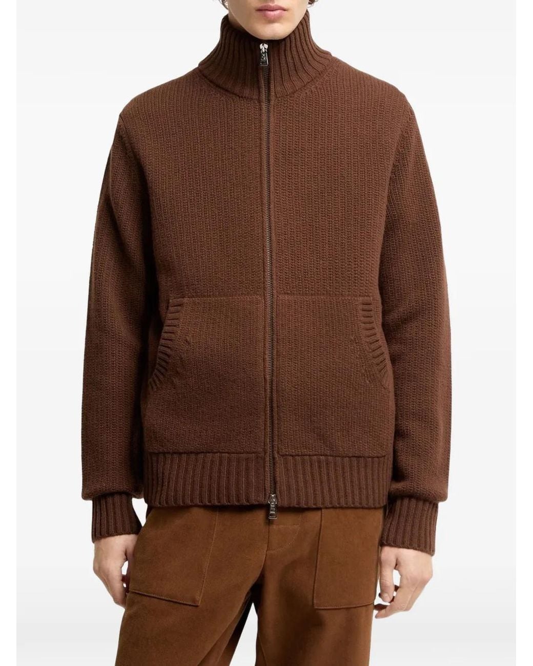 Moncler Brown Logo-Patch Zip-Up Cardigan for men