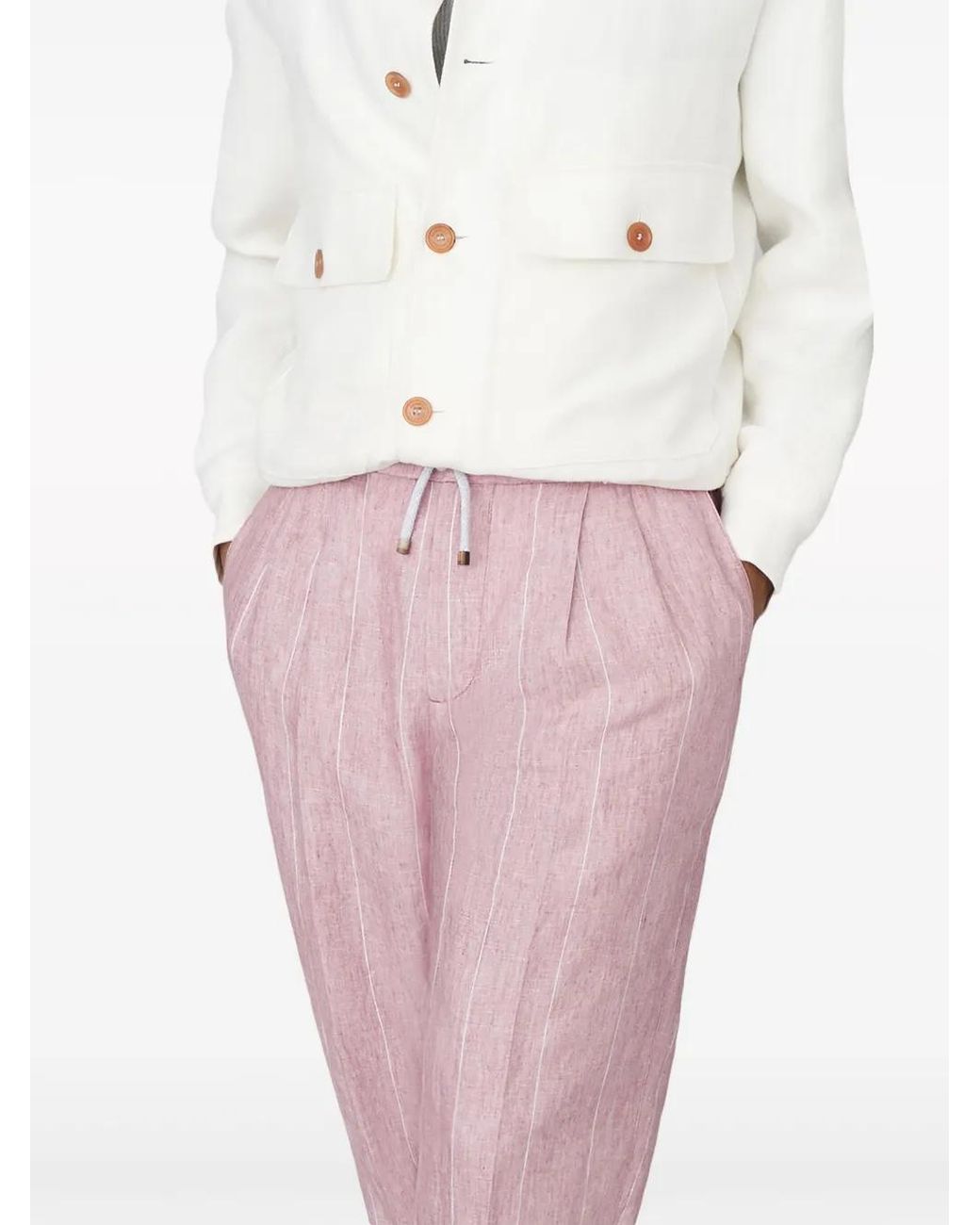 Brunello Cucinelli Pink Striped Linen Trousers for men