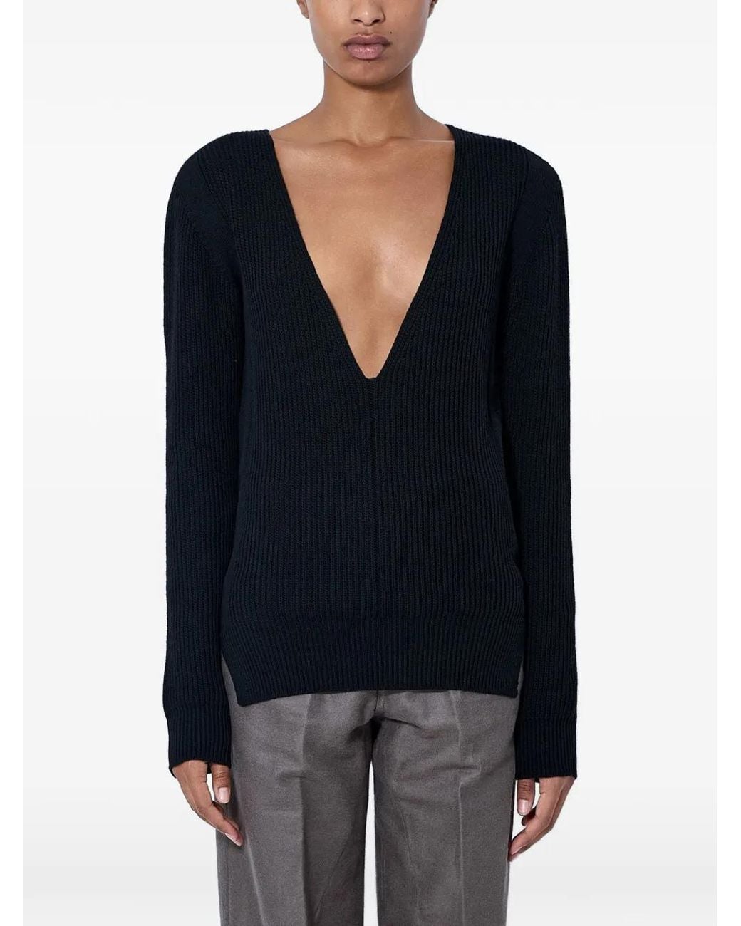Rick Owens Blue Ribbed-Knit V-Neck Sweater