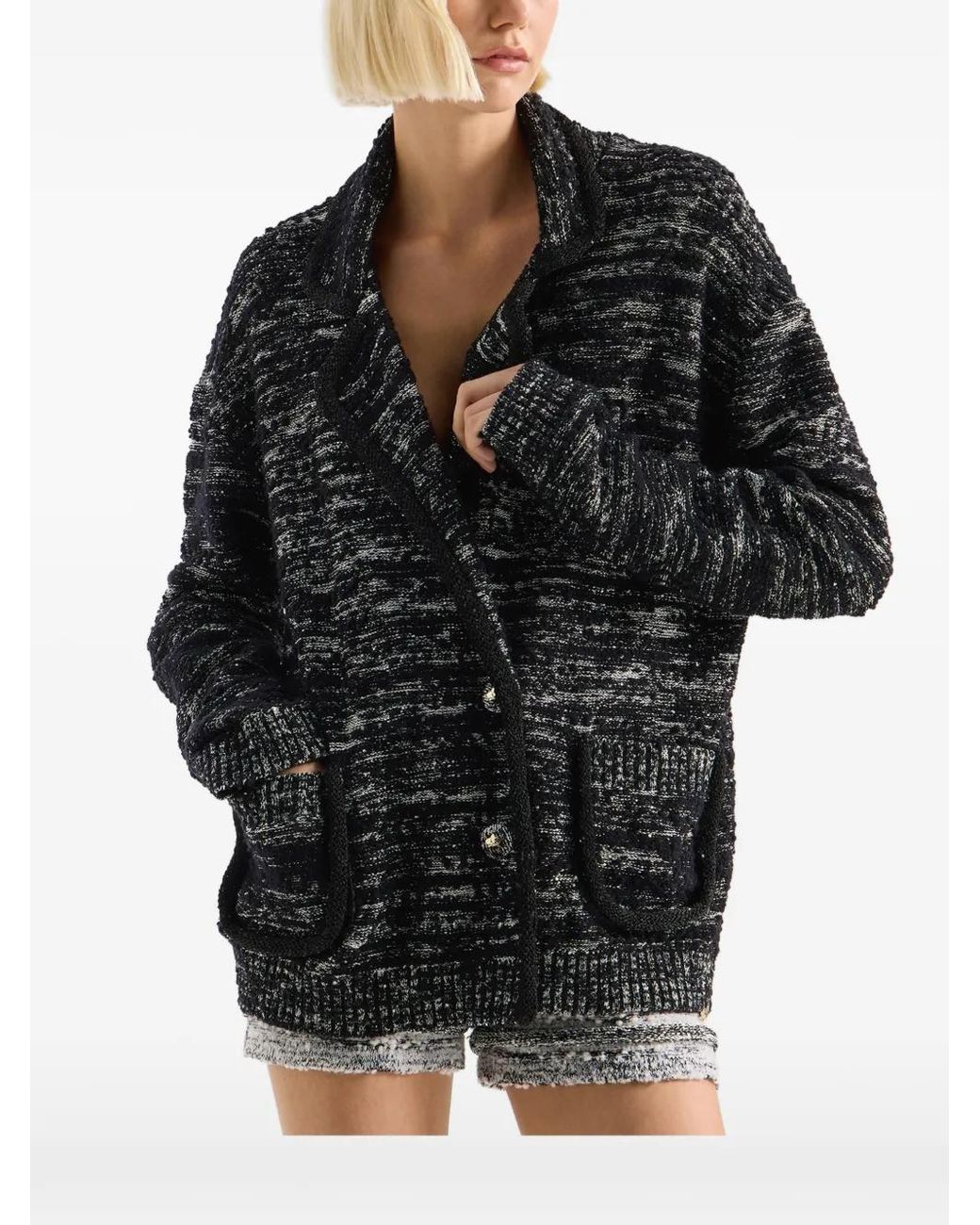 Genny Black Marl-Knit Notched-Lapels Cardigan