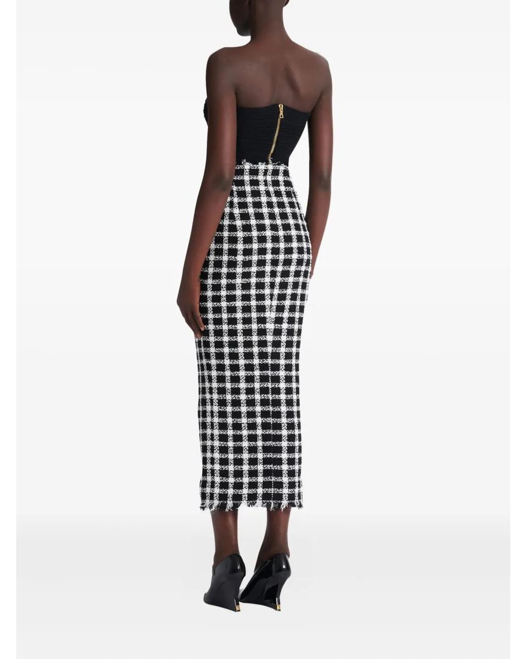 Balmain Black Long Gingham Tweed Skirt