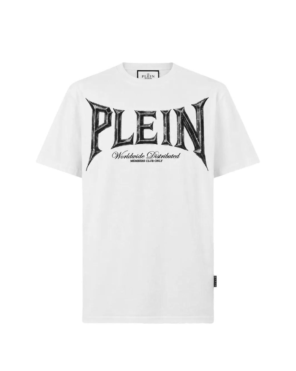 Philipp Plein White Round Neck T-Shirt Chrome Metal Logo Stones for men