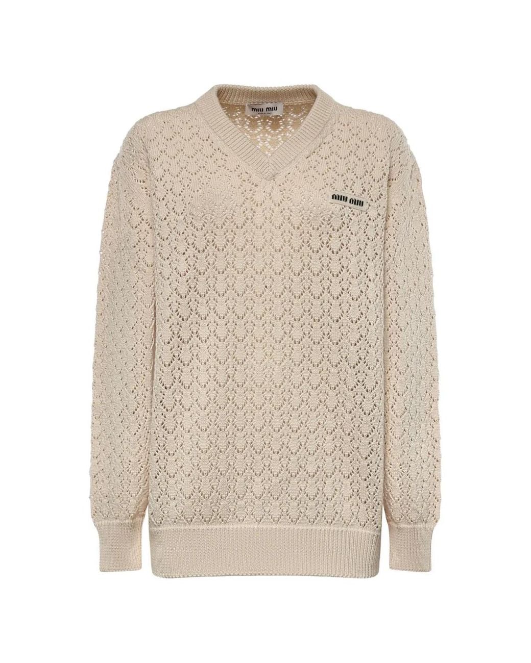 Miu Miu White Pointelle-Knit Logo-Patch Sweater