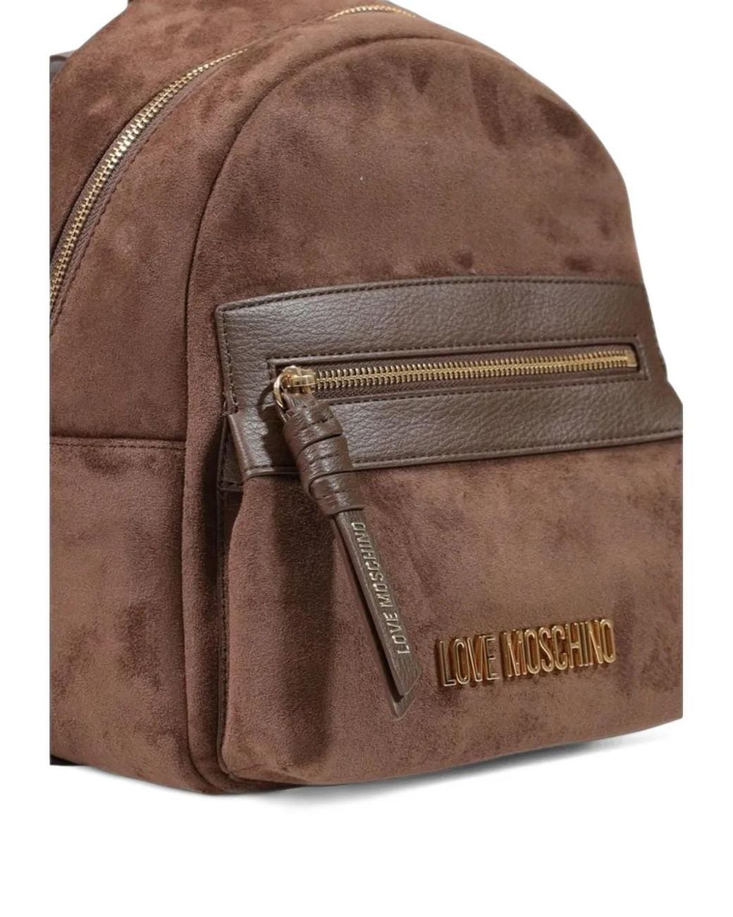 Love Moschino Brown Logo-Plaque Faux-Suede Backpack