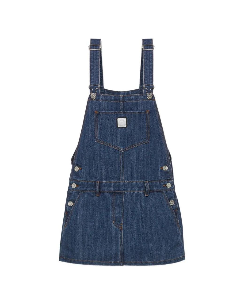 MCM Blue Washed-Denim Pinafore Mini Dress