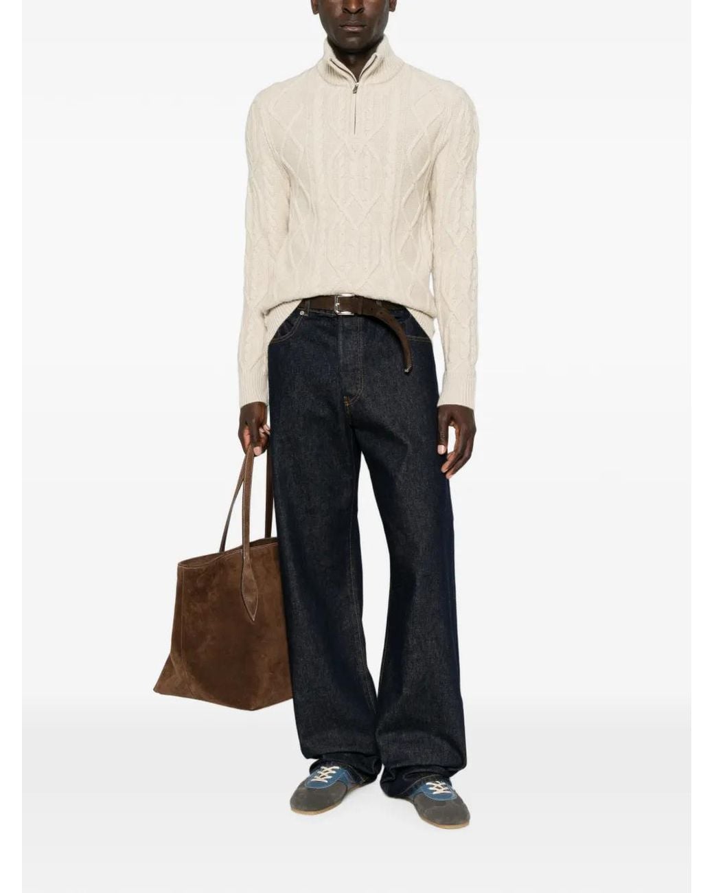 Bompard White Cable-Knit Zip-Neck Sweater for men