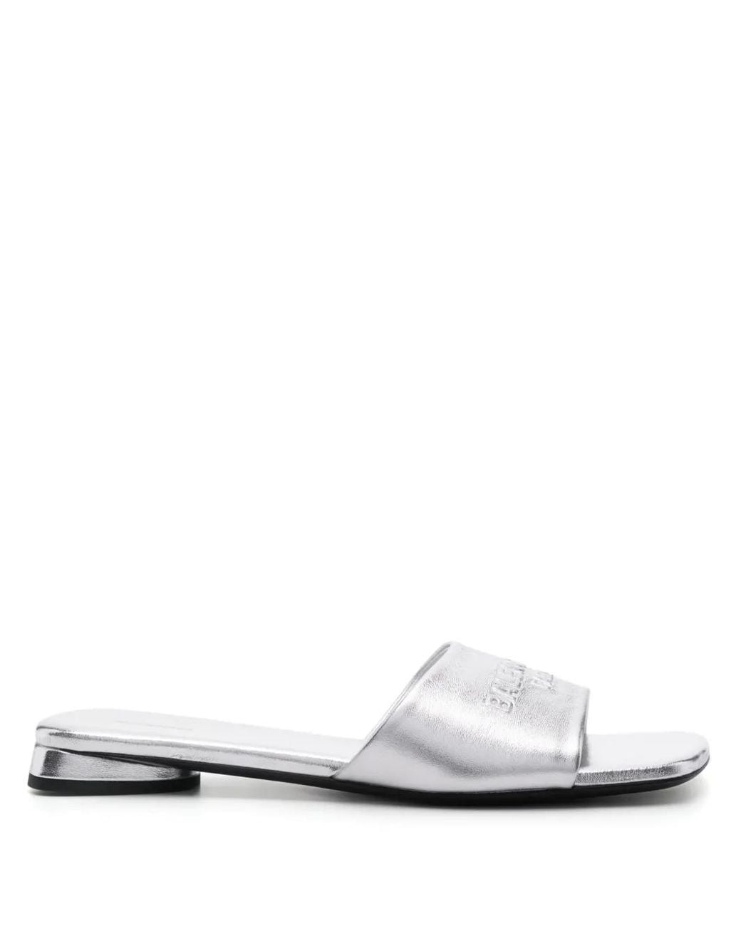 Balenciaga White Tone Metallic Leather Slip-Ons Sandal