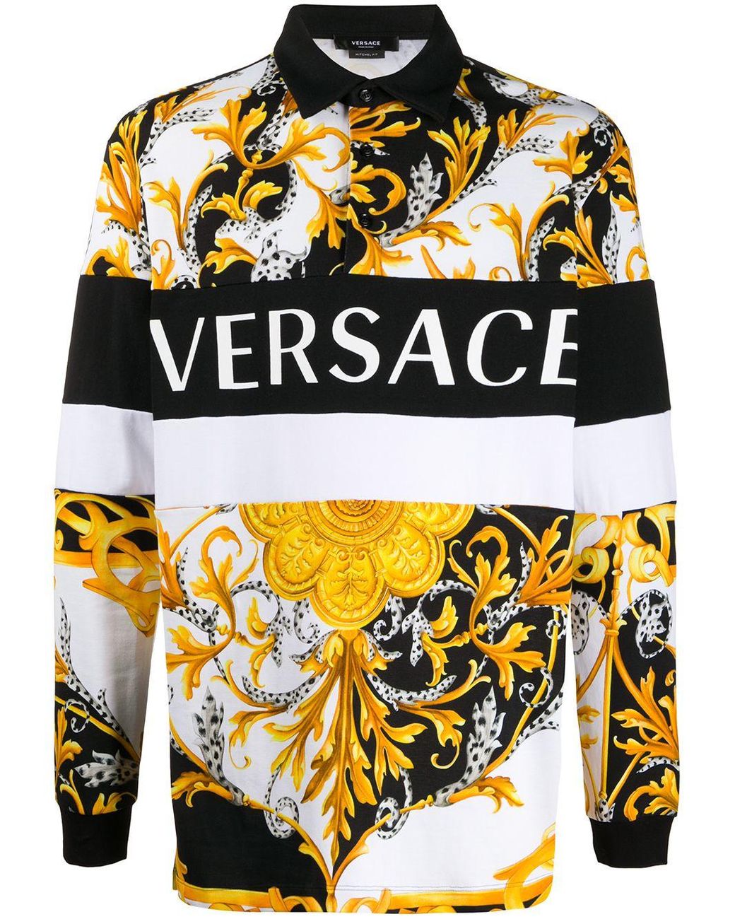 Versace Mixed-print Long-sleeve Polo Shirt in White for Men | Lyst
