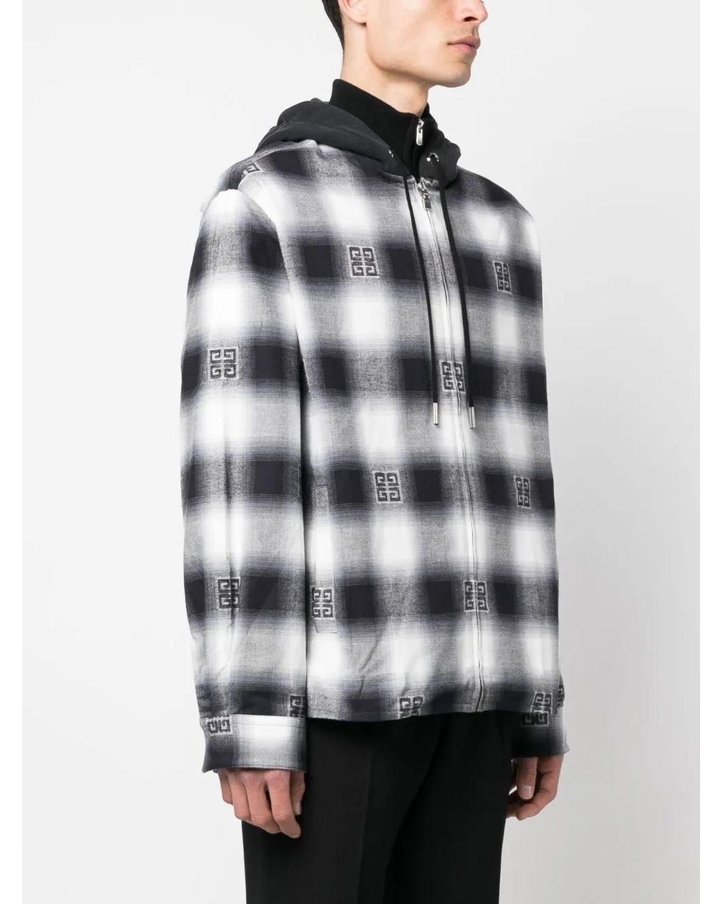 Givenchy Gray Check-Pattern Oversize Hooded Shirt Jacket for men