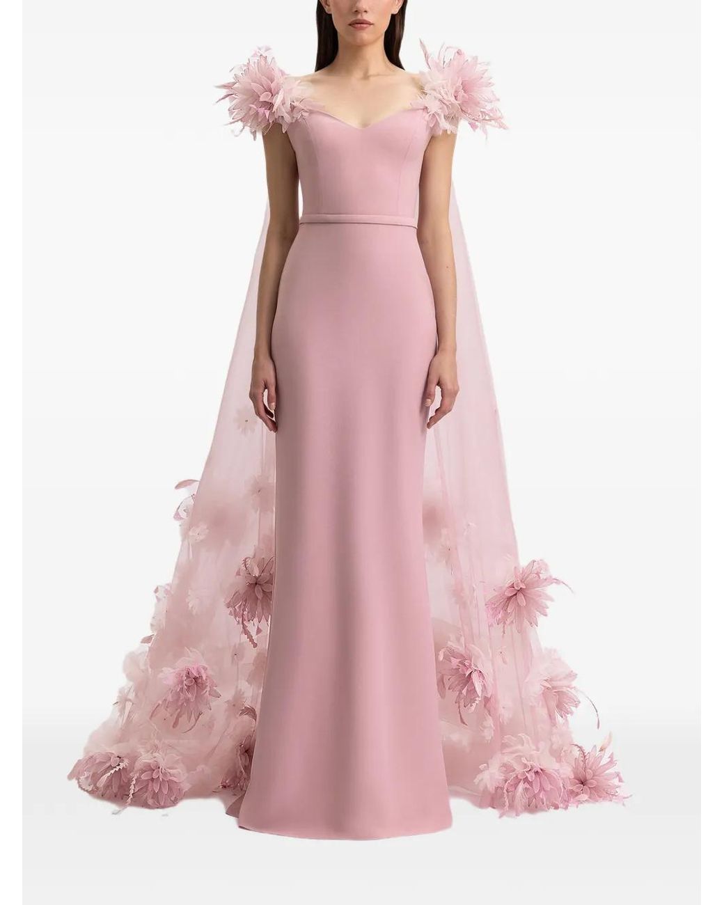Gemy Maalouf Pink Floral-Applique Cape-Detail Dress