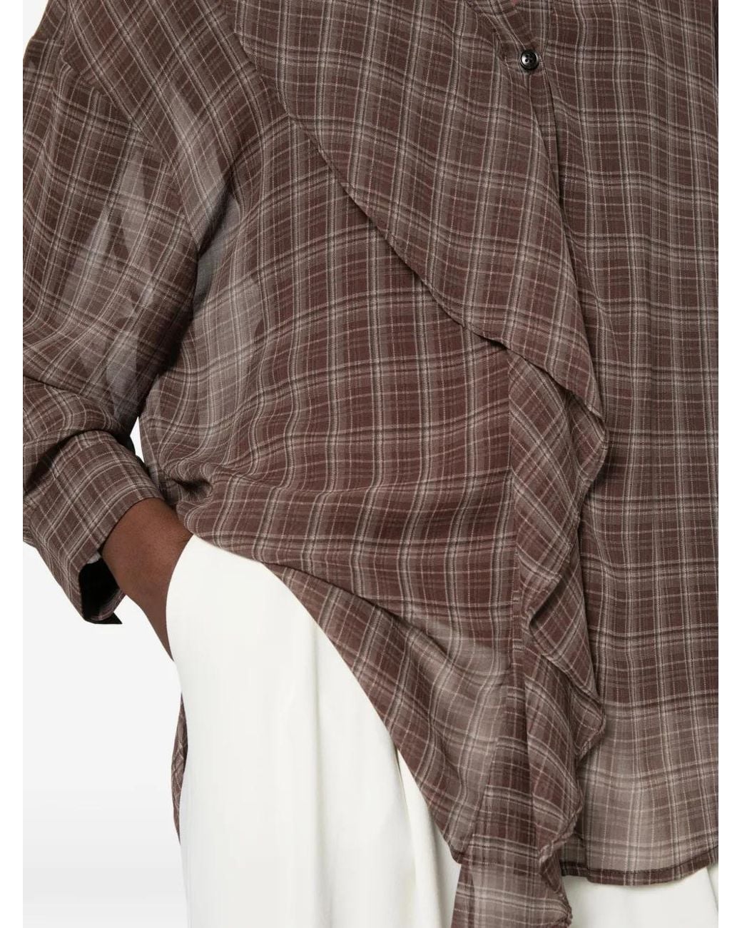 ELEH Brown Check-Pattern Ruffled Blouse