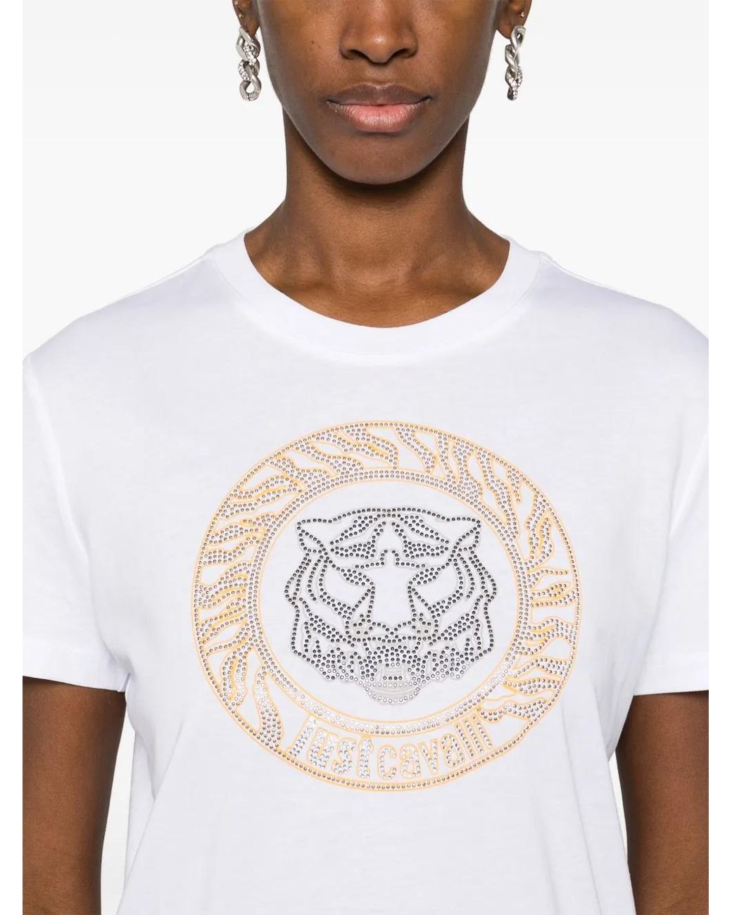 Just Cavalli White Tiger Head Studded Cotton Tee