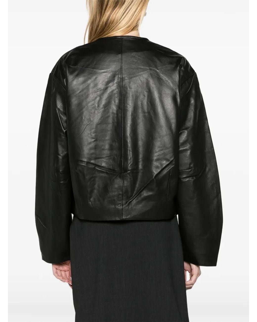 St. Agni Black Button-Detail Cocoon Leather Jacket