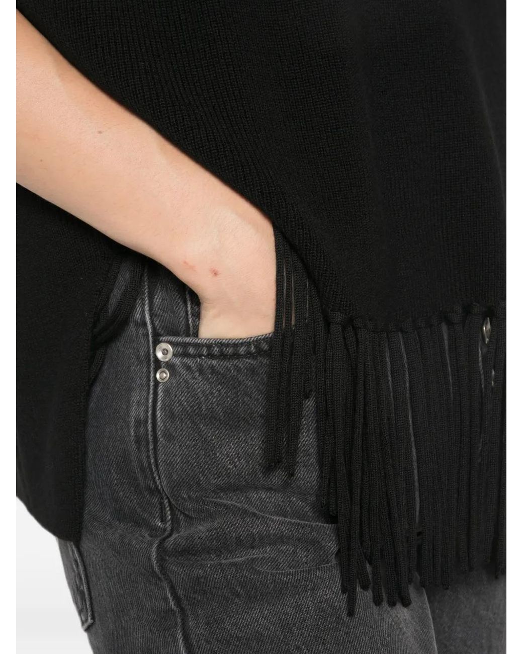 Patrizia Pepe Black Fringe-Trimmed Poncho