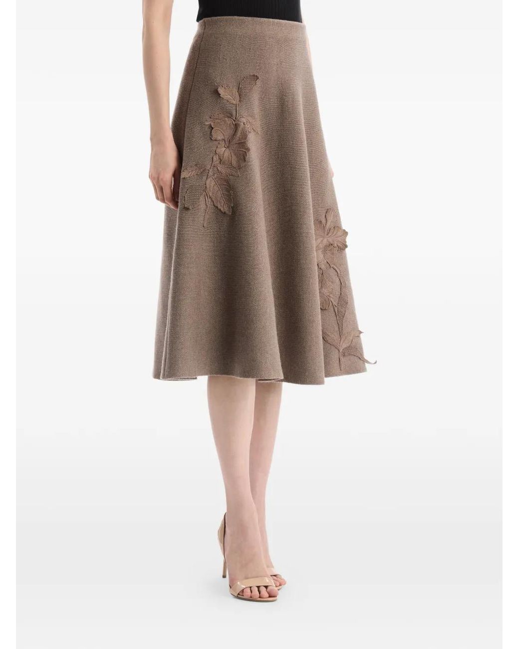 Oscar de la Renta Natural Hibiscus-Embroidered Knit Skirt
