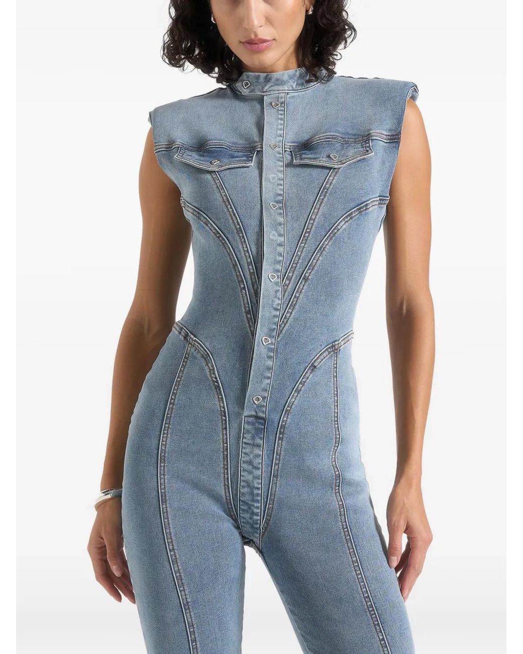 Manière De Voir Blue Annette Denim Seam Detail Fit & Flare Jumpsuit