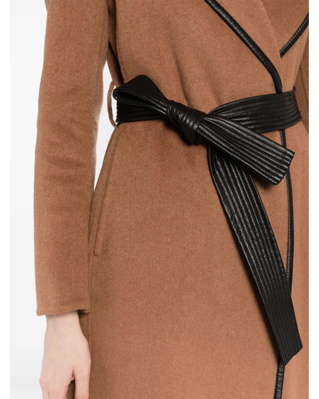 Tahari Brown Faux Leather-Trim Belted Coat