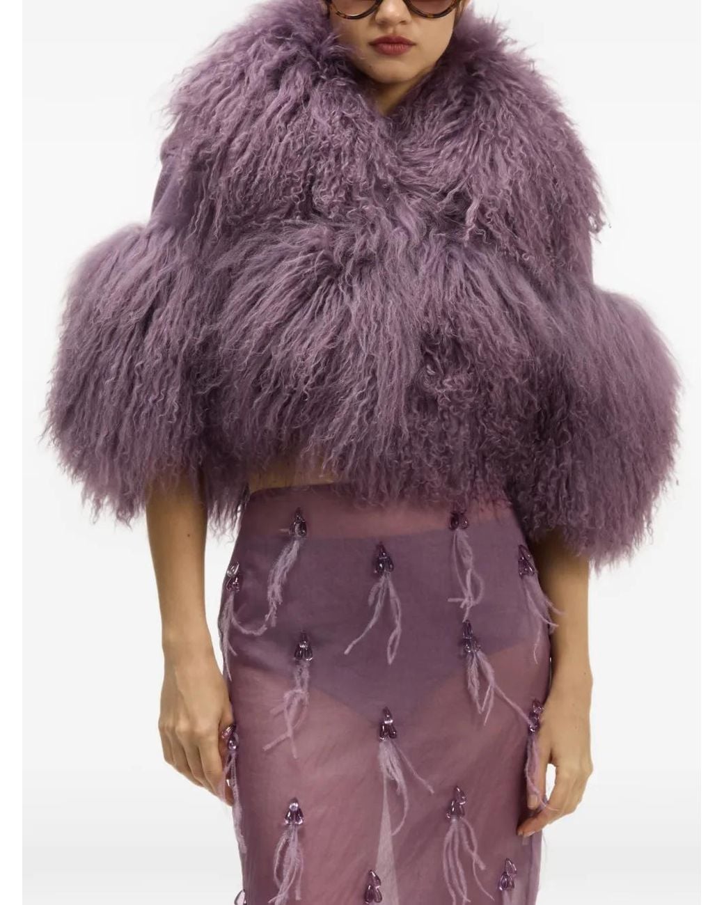 GIUSEPPE DI MORABITO Purple Shearling-Trim Cropped Jacket