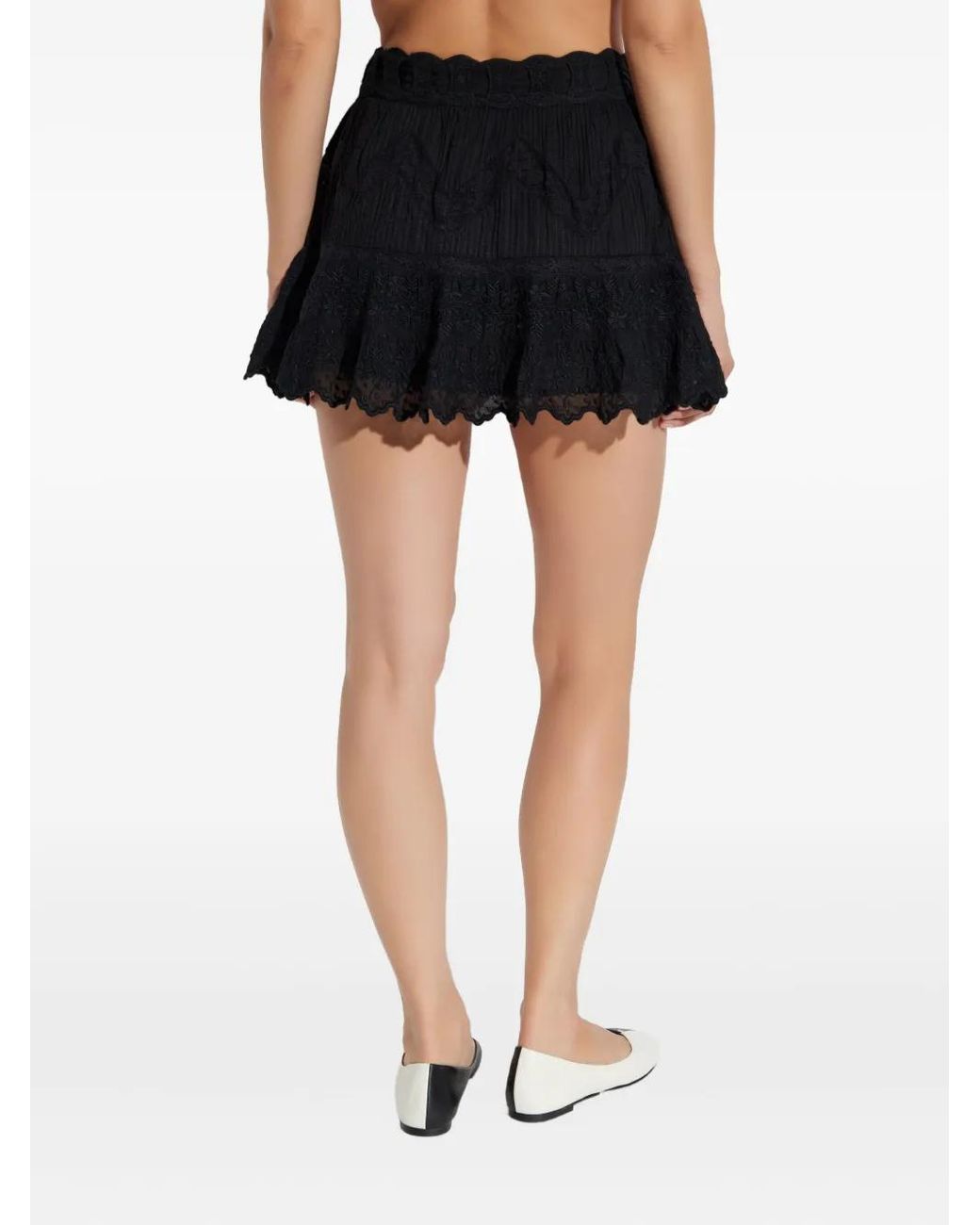 LoveShackFancy Black Embroidered Ruffled Skirt