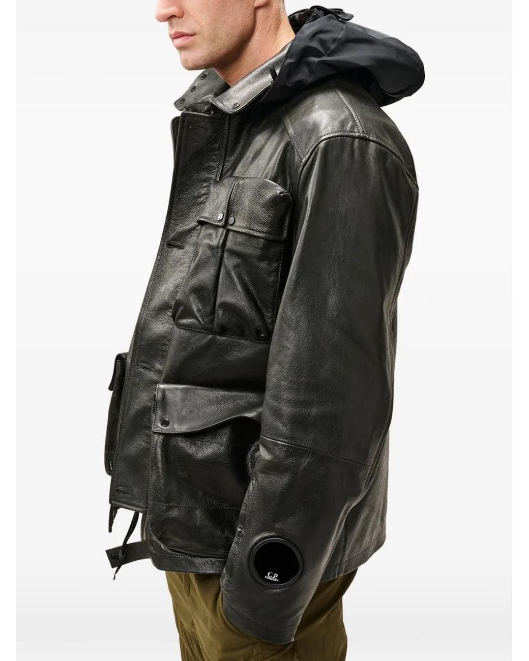 C P Company Black Goggle-Detail Leather Jacket for men