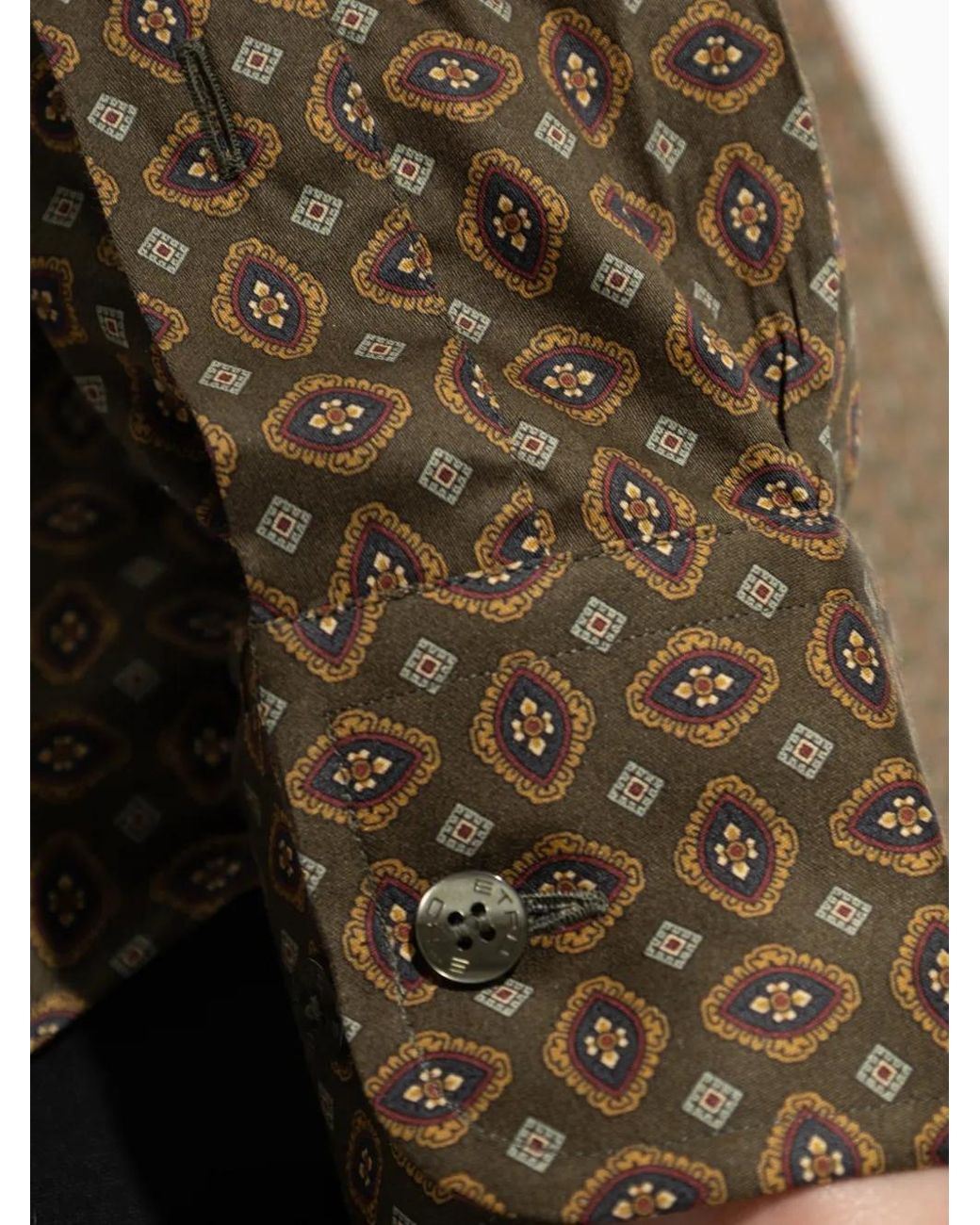 Etro Green Pure Cotton Satin Long-Sleeved Shirt With All-Over Tie-Style Print for men