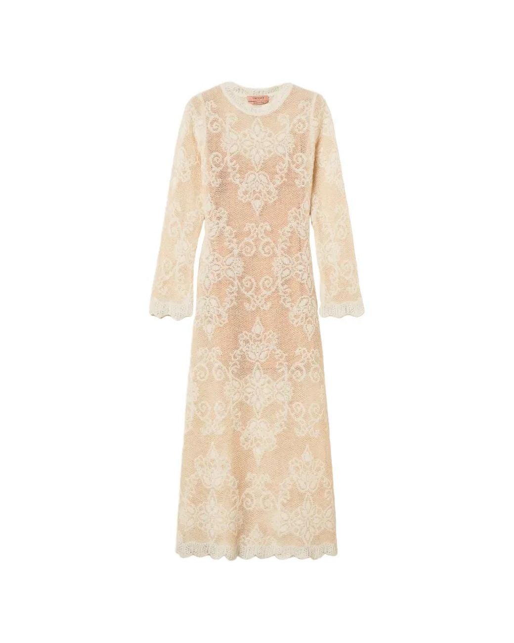 Twinset Natural Lace-Knit Long-Sleeve Midi Dress