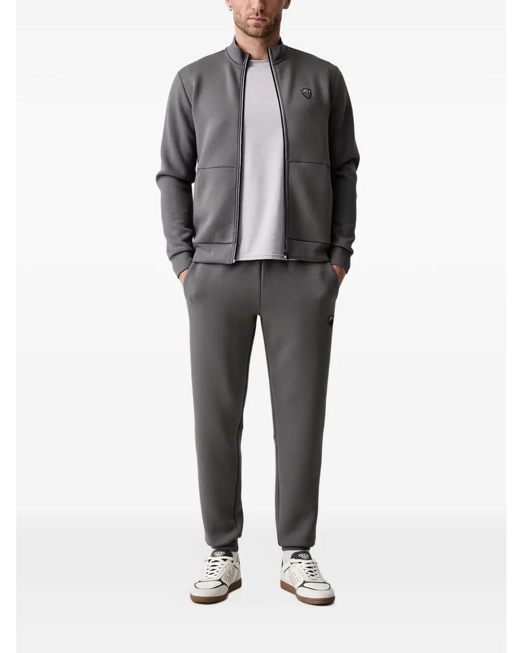 EA7 Gray Logo-Patch Zip-Up Jersey Tracksuit for men