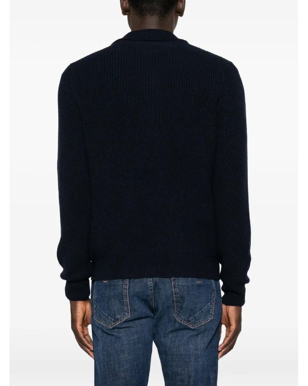 Gran Sasso Blue Ribbed-Knit Polo-Collar Sweater for men