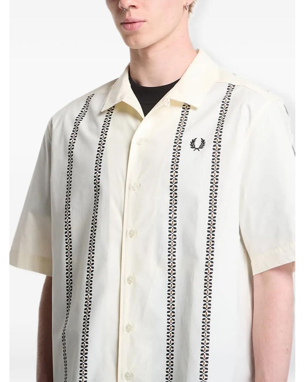 Fred Perry White Placement-Print Revere-Collar Shirt for men