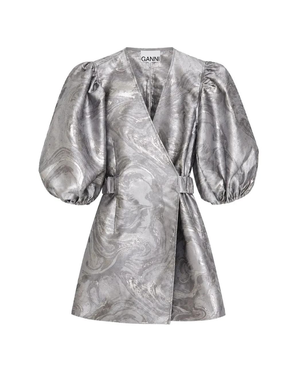 Ganni Gray Jacquard Puff-Sleeve Mini Dress