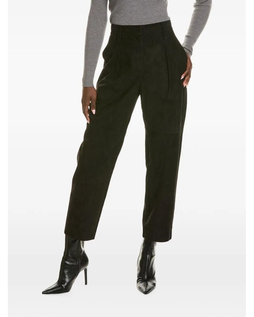 Brunello Cucinelli Black Pleated Leather Trousers