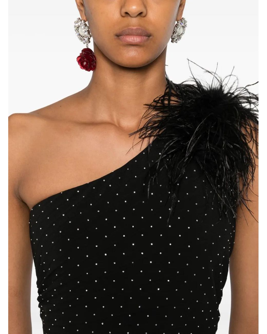Nissa Black Pleated Feather-Detail Maxi Dress