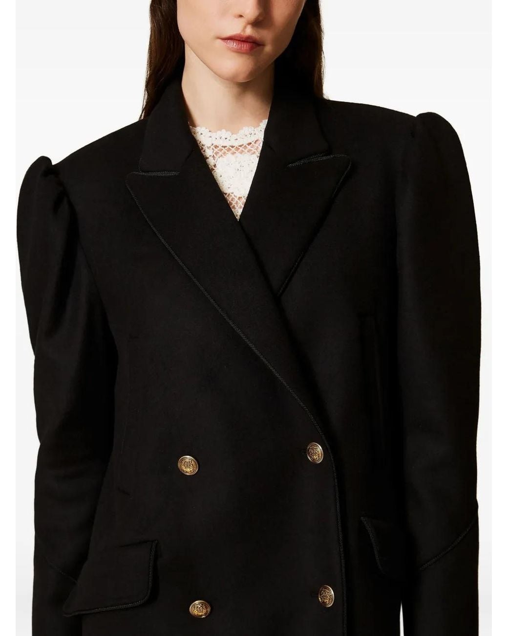 Twinset Black Puff-Sleeve Buttoned Coat
