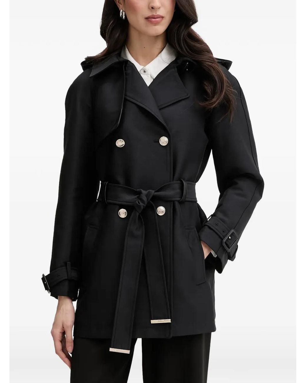 Morgan Black Double-Breasted Hooded Trench Coat
