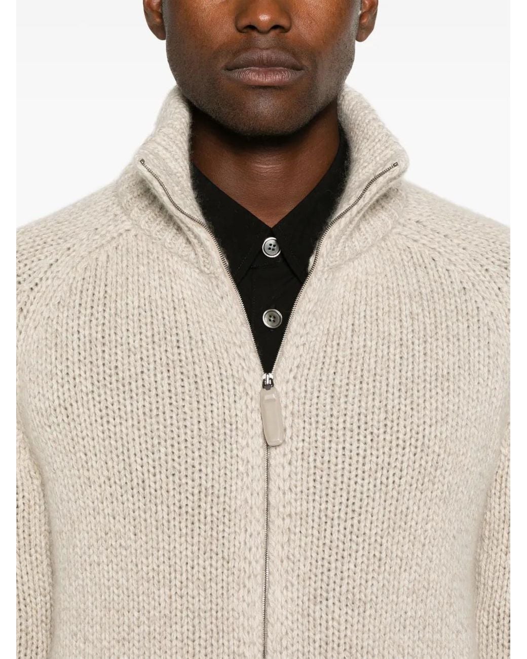 Brioni Natural Funnel-Neck Cashmere Zip Cardigan for men