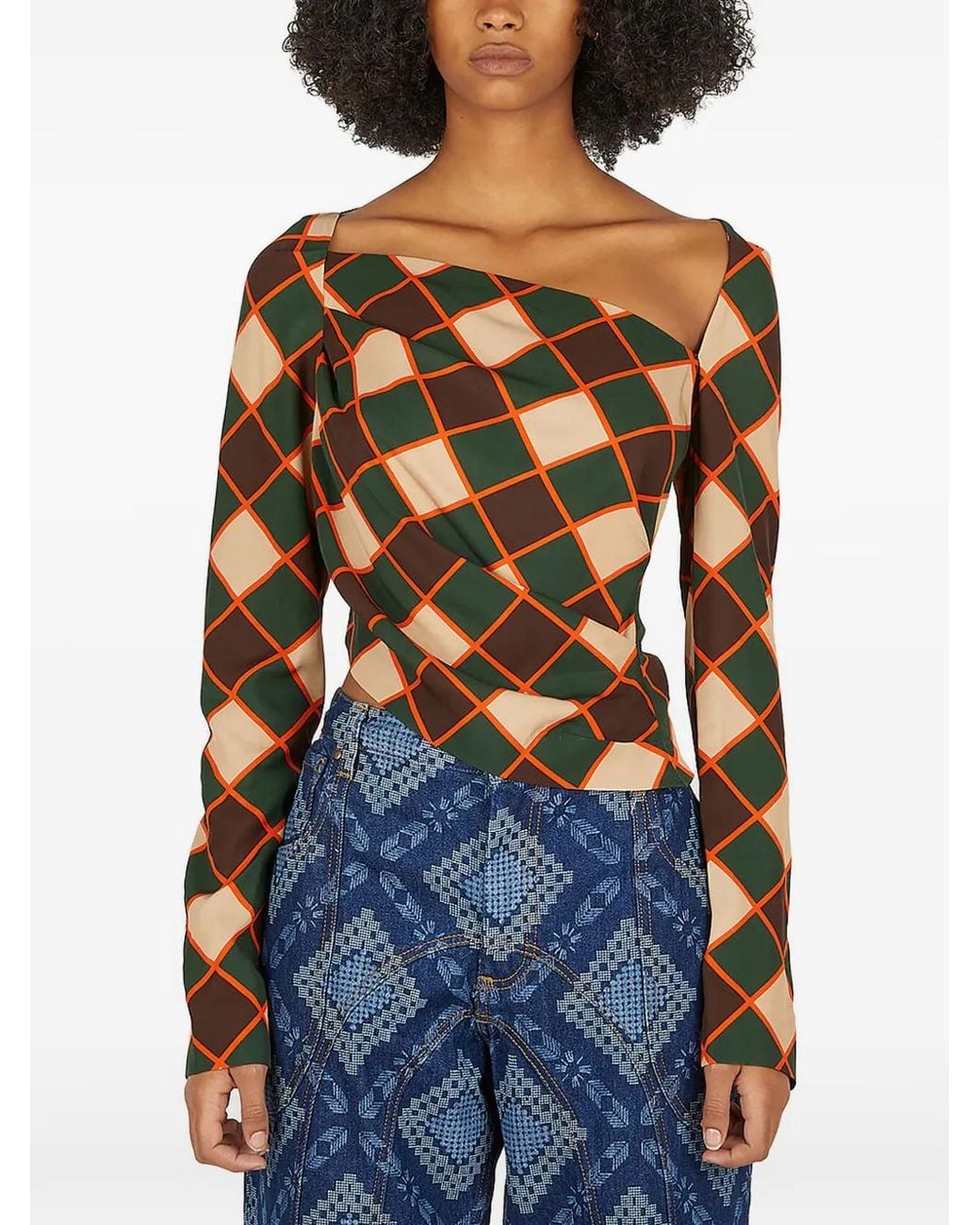 Ahluwalia Blue Asymmetric Graphic Long-Sleeve Blouse