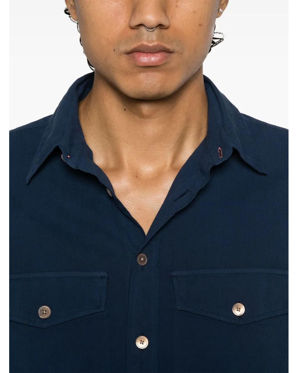 Paul Smith Blue Stretch-Cotton Seersucker Shirt for men