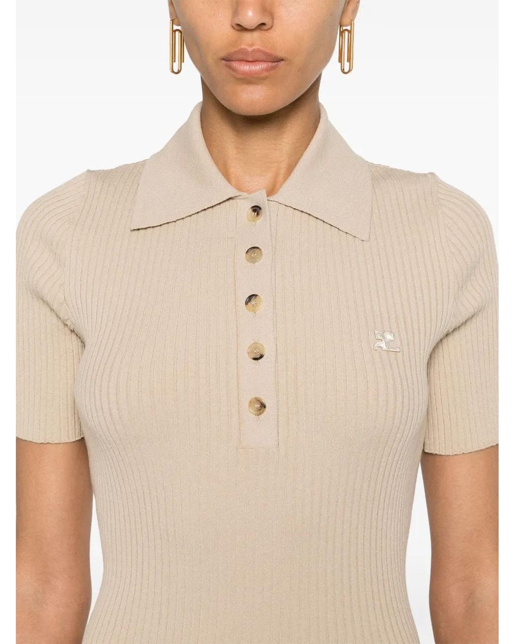 Courreges Natural Logo-Patch Ribbed Polo Top
