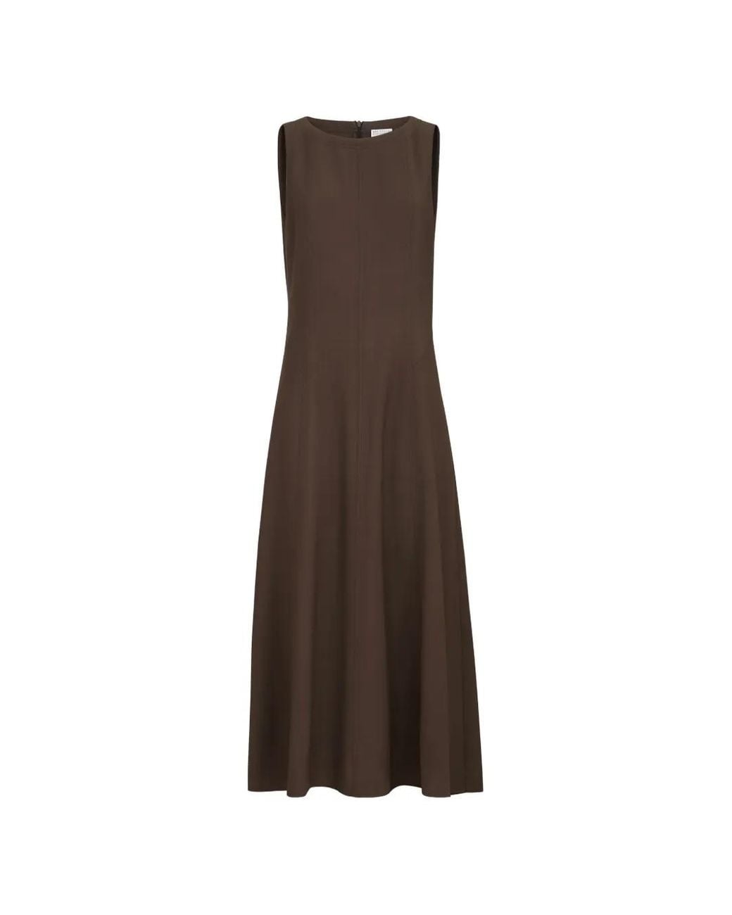 Brunello Cucinelli Brown Virgin-Wool Fluid Twill Flared Dress