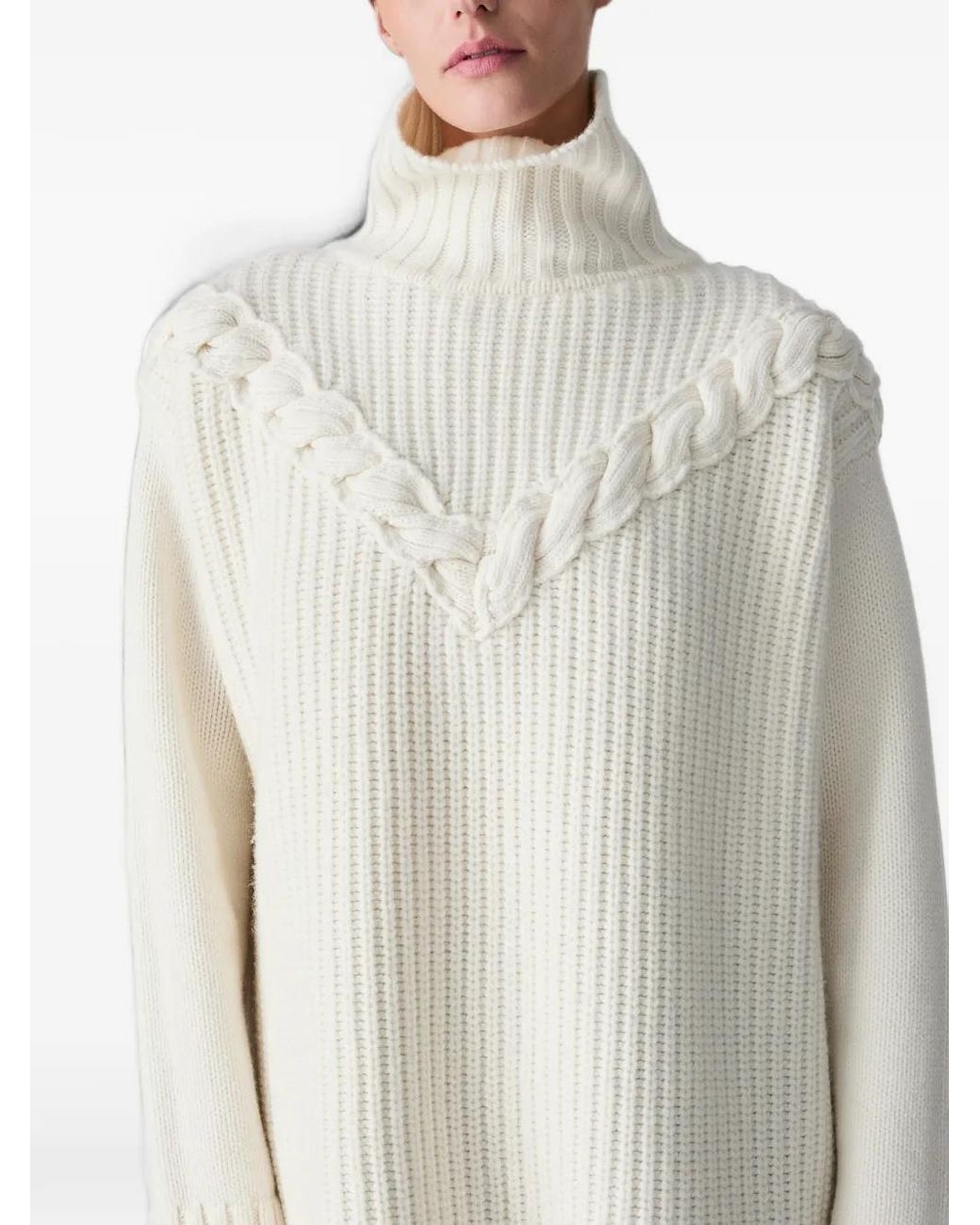 Vera Wang White Pauline Cable-Knit Funnel-Neck Sweater