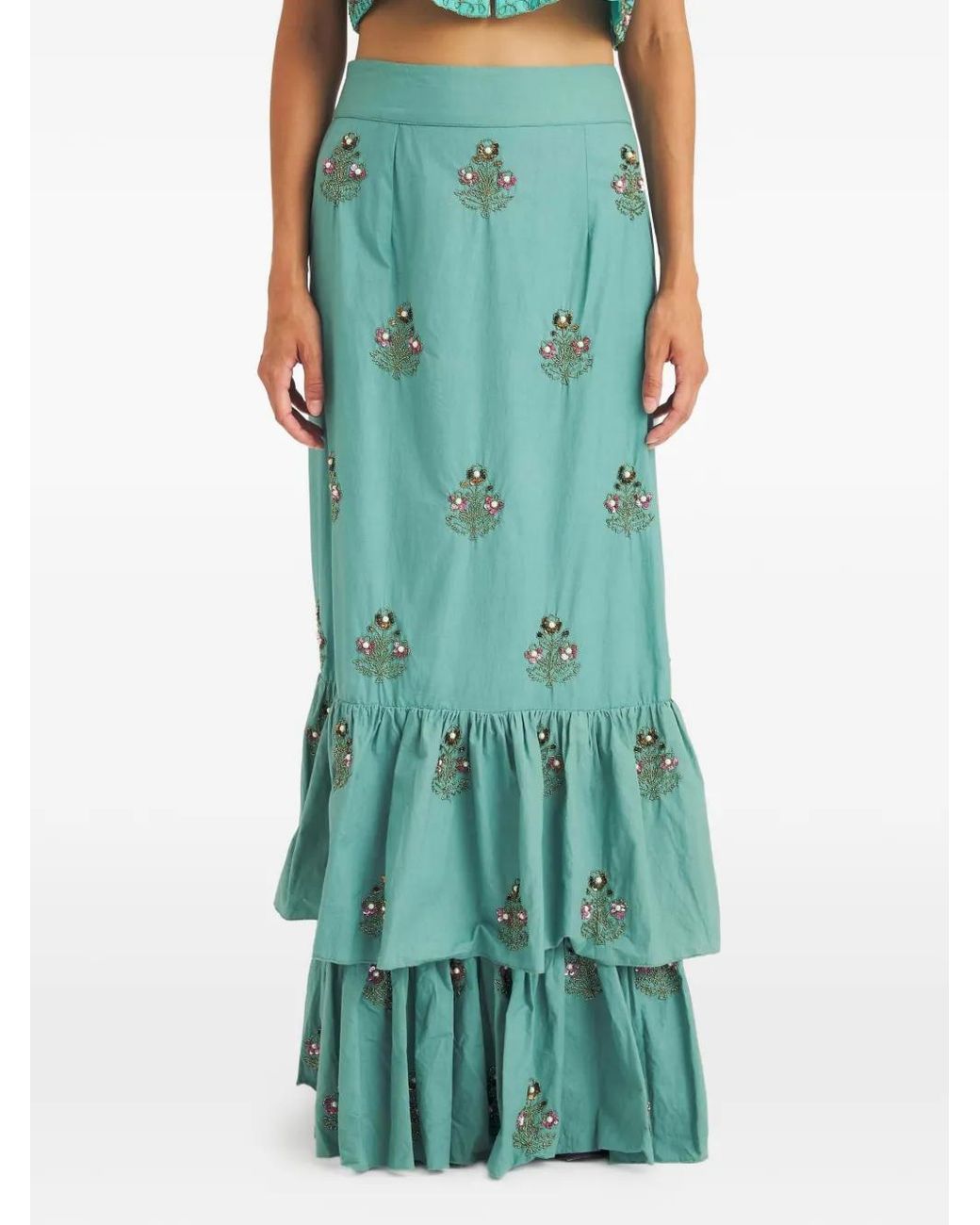 Antik Batik Green Simone Bead-Embellished Tiered Maxi Skirt