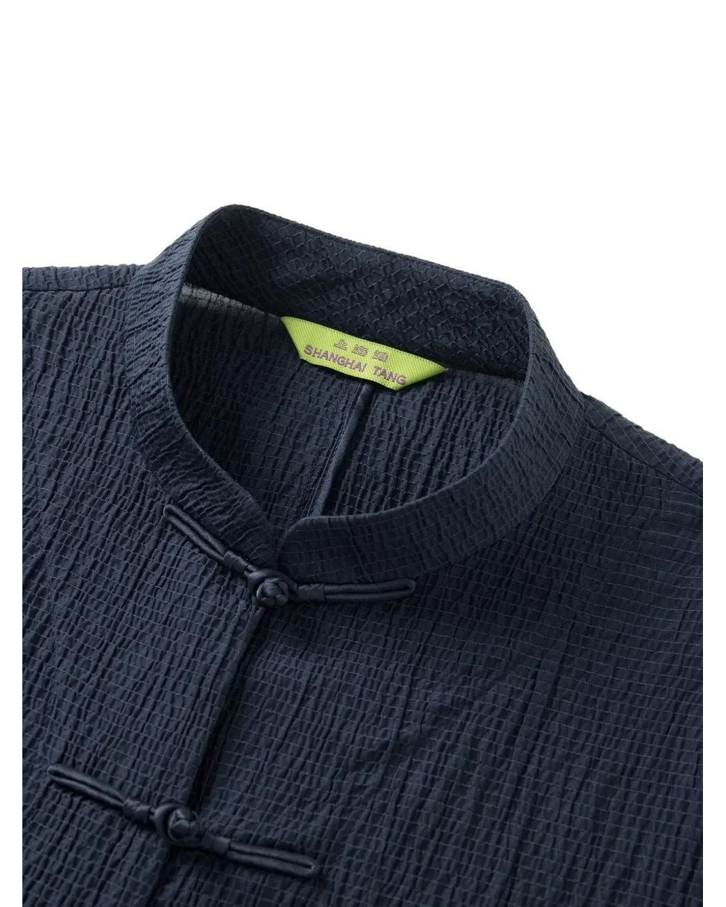 Shanghai Tang Blue Frog-Fastening Seersucker Blouse