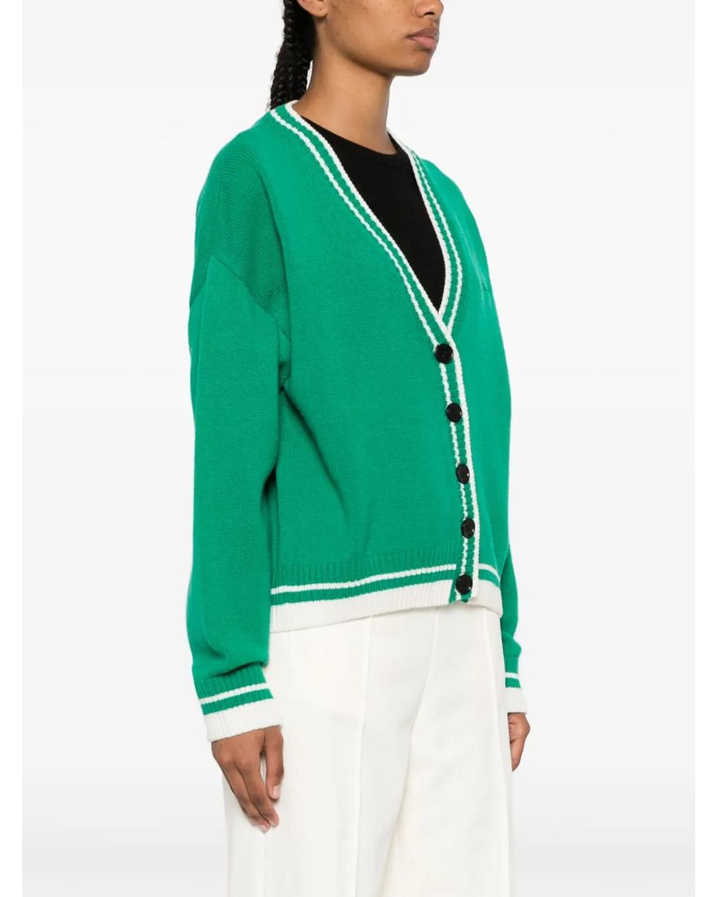 MSGM Green Striped-Edge Knitted Cardigan