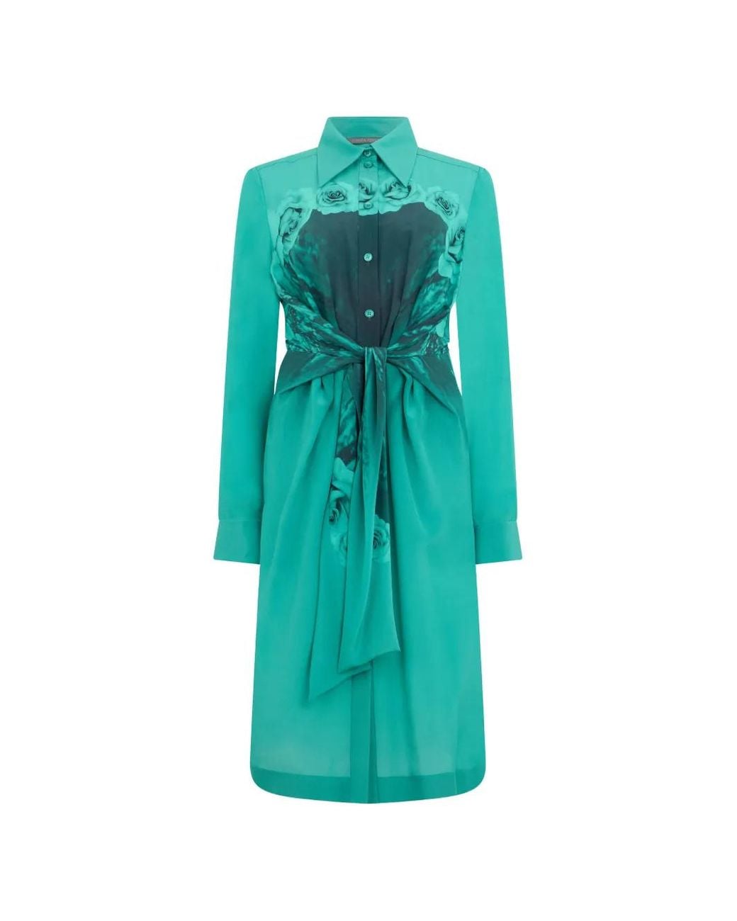 Alberta Ferretti Blue Rose-Print Belted Midi Shirt Dress