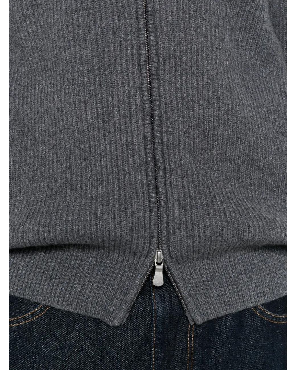 Gran Sasso Gray Ribbed-Knit Zip-Up Sweater for men