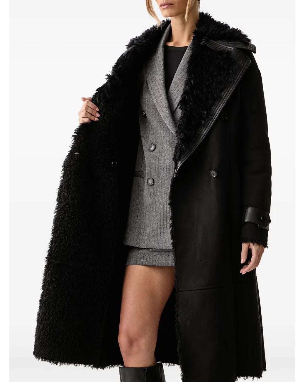 Patrizia Pepe Black Belted Shearling-Collar Coat